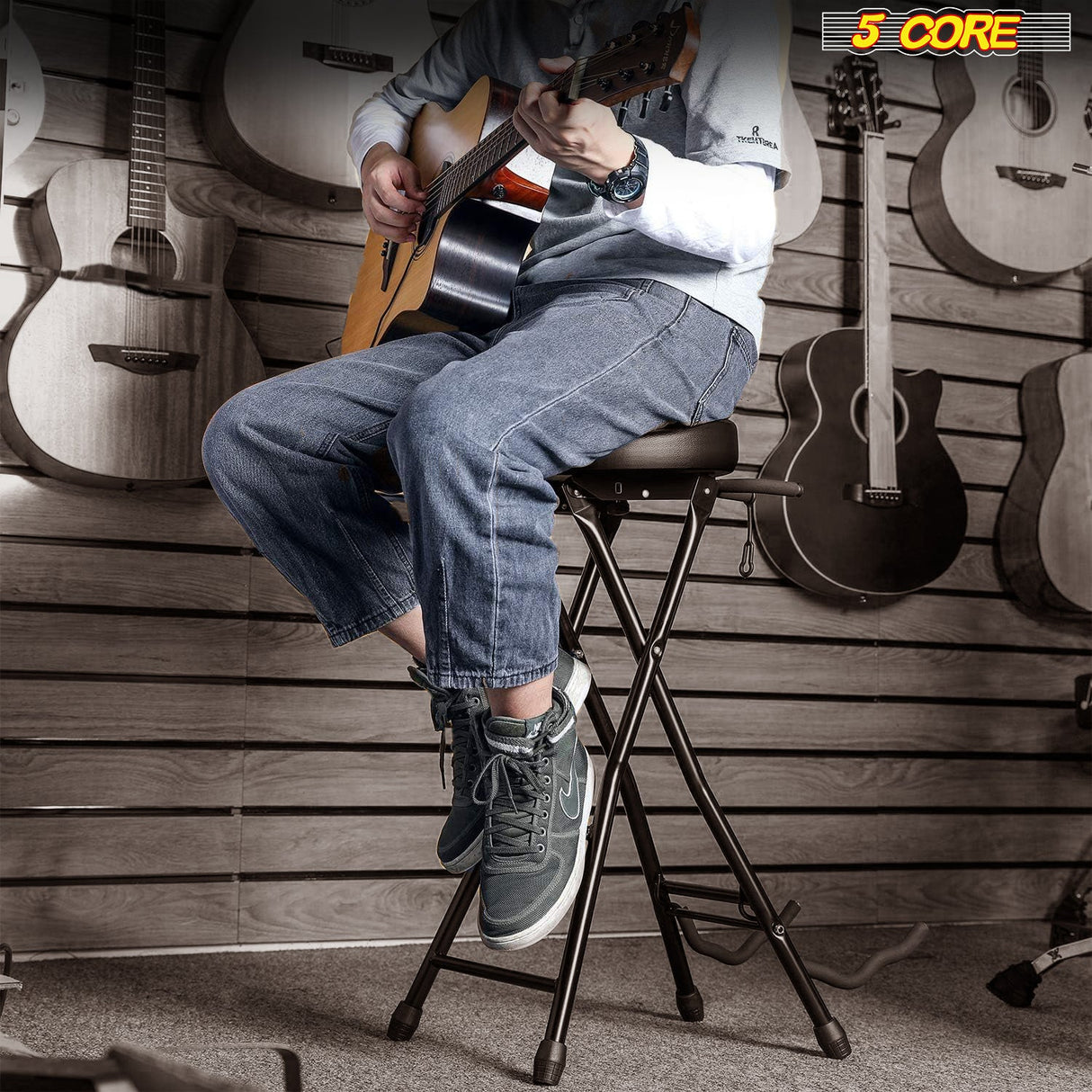 5Core Guitar Stool w Comfortable Padded Seat Foot Rest Guitar Holder w 300 Lbs Capacity