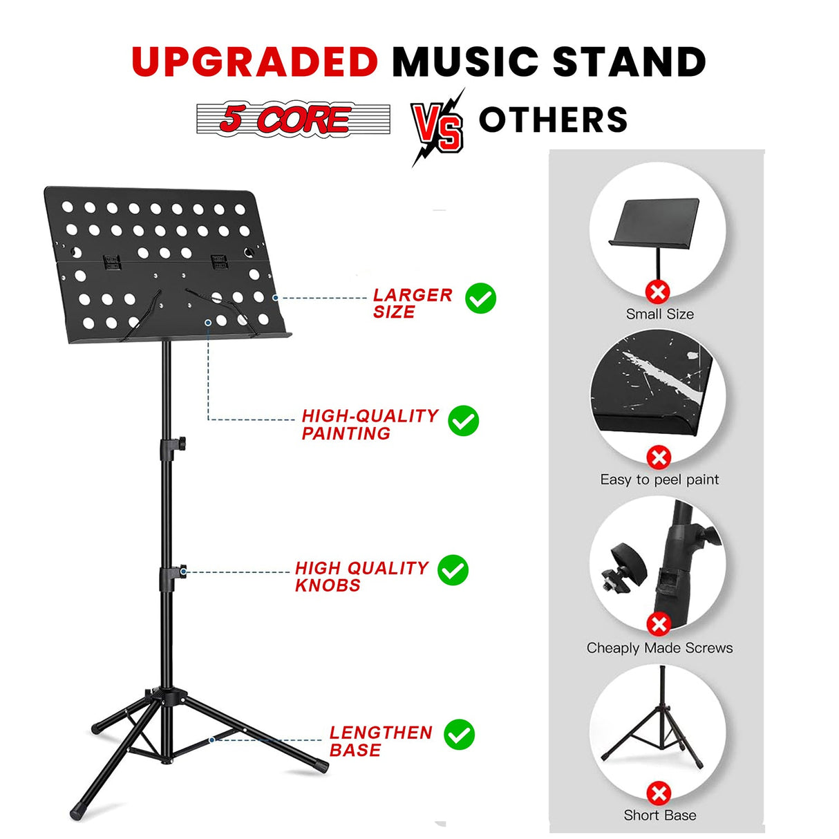 5Core Music Stand For Sheet Music Portable Tripod Adjustable Folding Note Holder BLACK