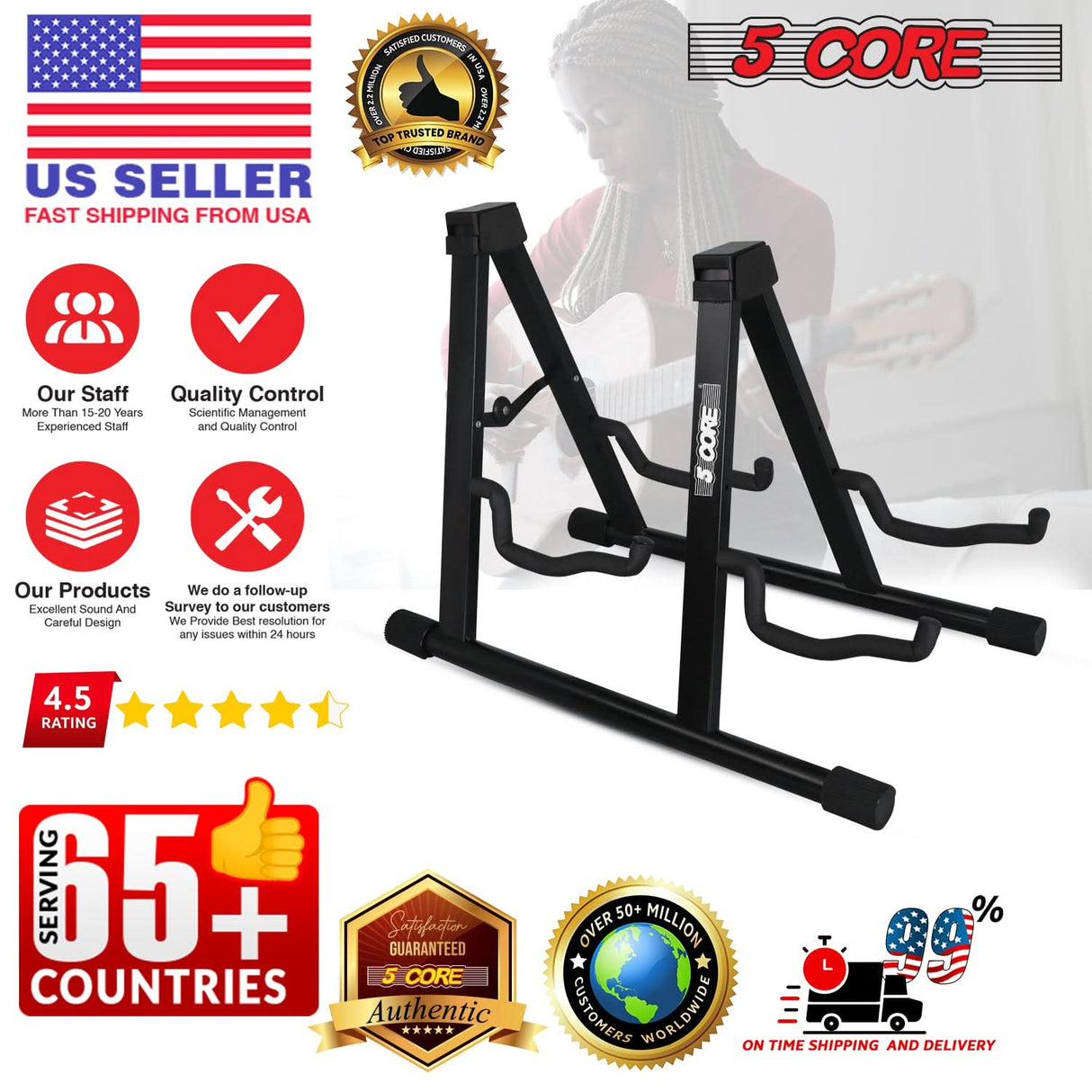 5Core Double Guitar Stand Floor Adjustable A Frame Folding Acoustic Electric Guitars Holder Stands