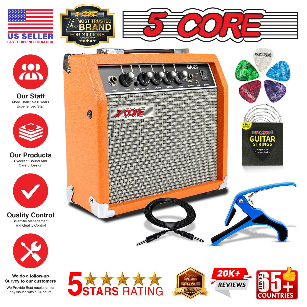 5 Core Guitar Amp 20W Electric Bass Acoustic Portable Amplifier Practice Amplificador