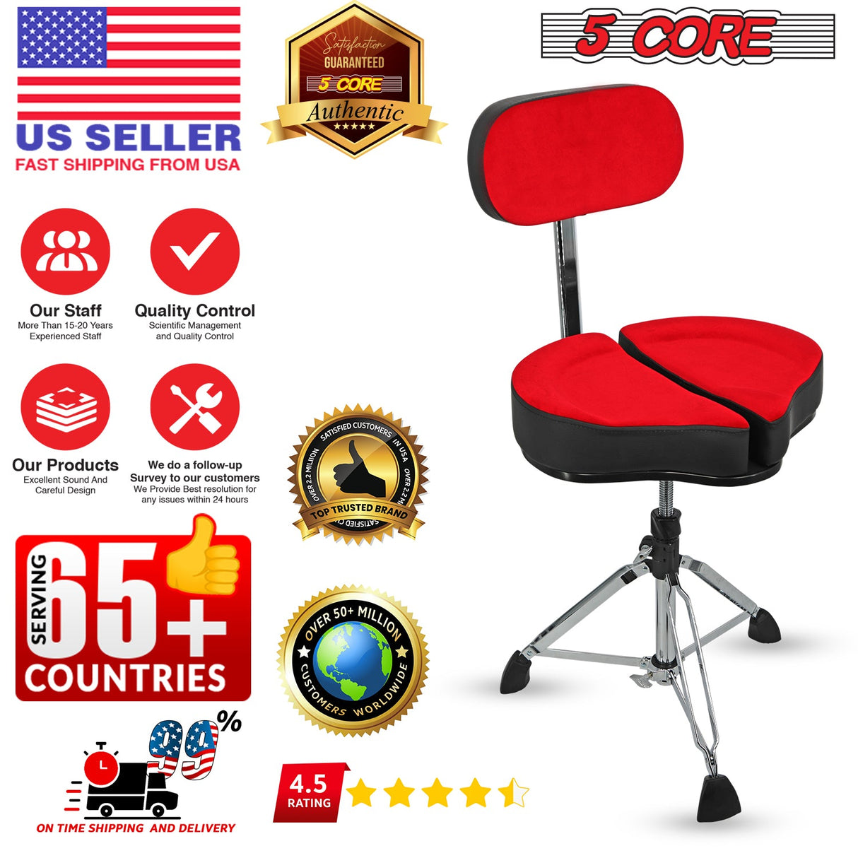 5Core Drum Throne Padded Guitar Stool Backrest Drummer Seat for Adults & Kids