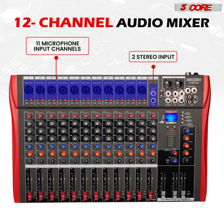 5 Core Audio Mixer 12 Channel DJ Equipment with Bluetooth USB Sound Board Console