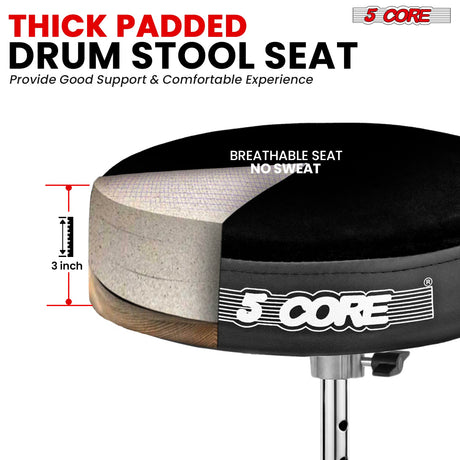 5Core Drum Throne Padded Guitar Stool Adjustable Drummer Seat for Adults & Kids VELVET BLACK