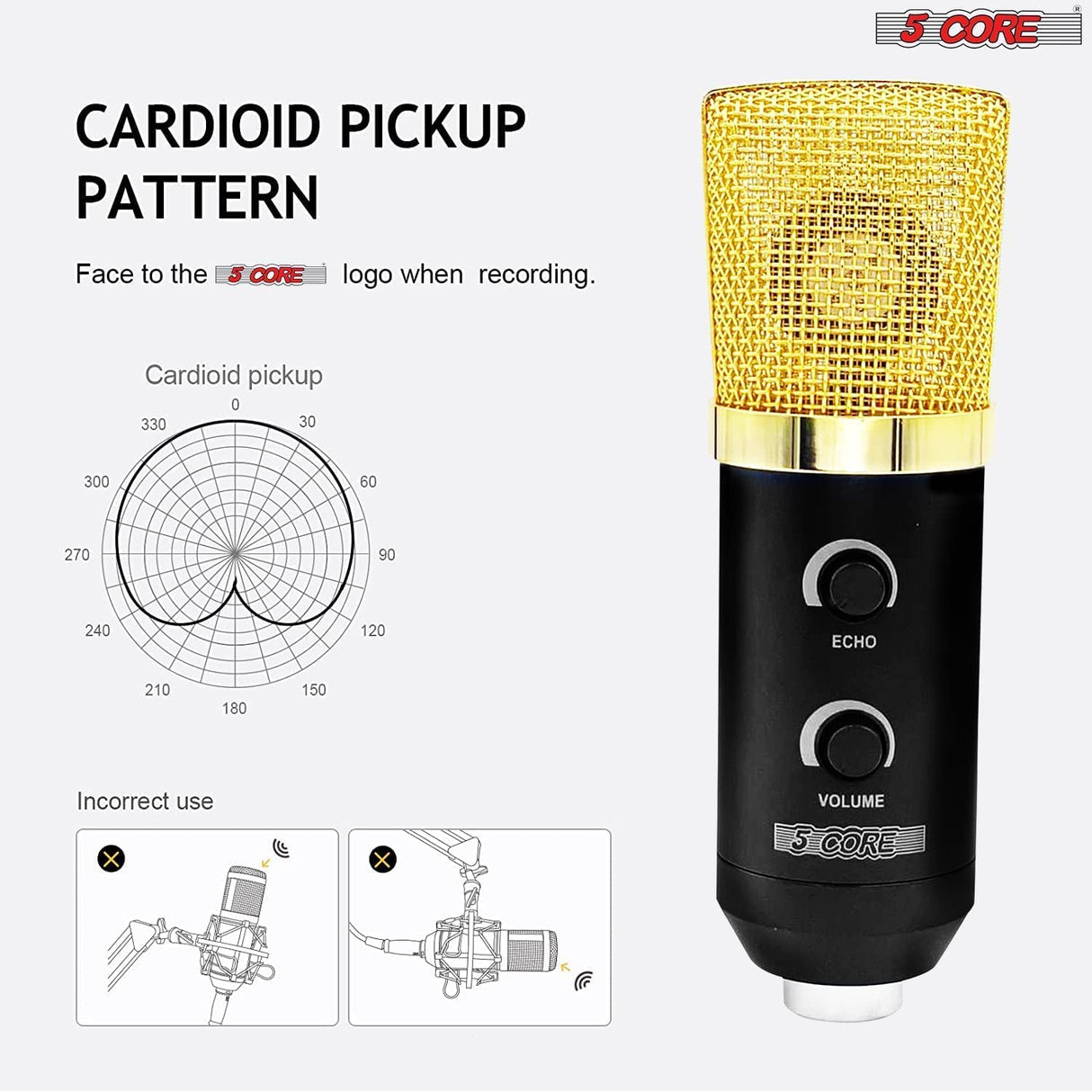 5Core Recording Microphone Podcast Bundle Professional Condenser Cardioid Mic Kit w Boom Arm