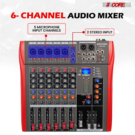 5 Core Audio Mixer 6 Channel DJ Equipment with Bluetooth USB Sound Board Console