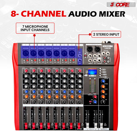 5 Core Audio Mixer 8 Channel DJ Equipment with Bluetooth USB Sound Board Console