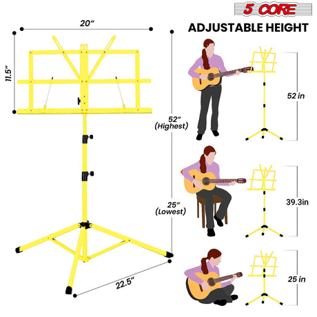 5Core Music Stand For Sheet Music Portable Tripod Adjustable Folding Note Holder YELLOW