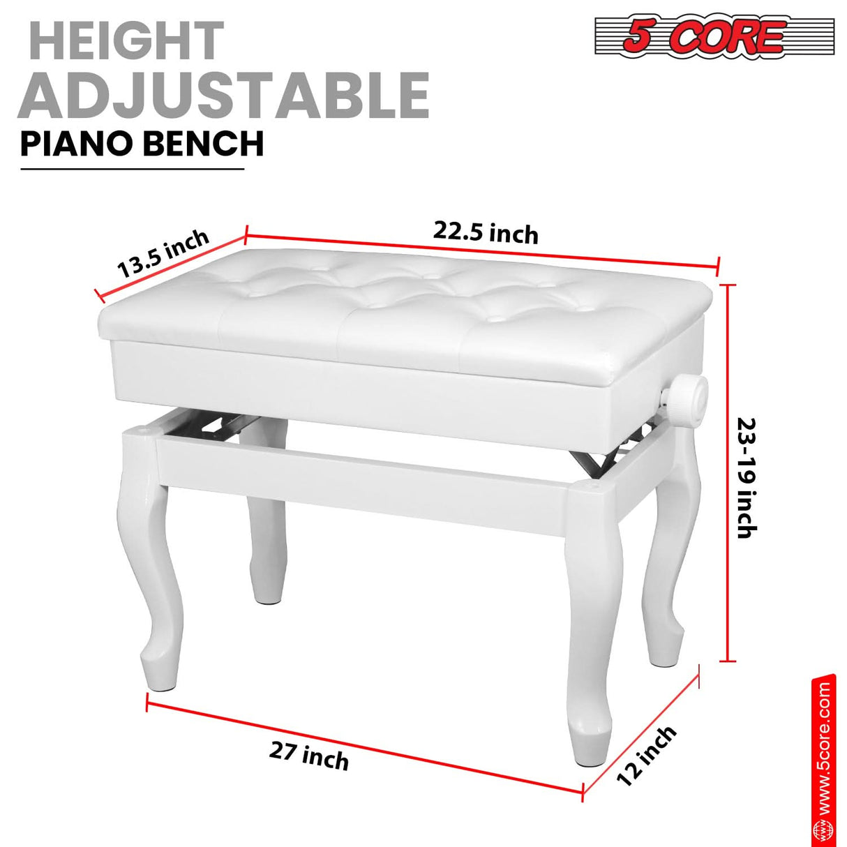 5 Core Piano Bench Wooden Height Adjustable Stool Heavy Duty Keyboard Seat with Storage WHITE