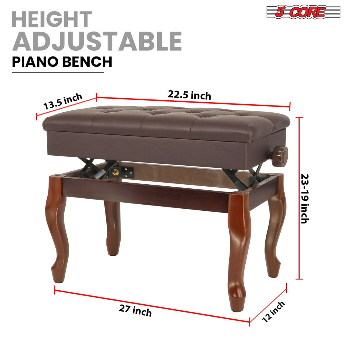 5 Core Piano Bench Wooden Height Adjustable Stool Heavy Duty Keyboard Seat with Storage BROWN