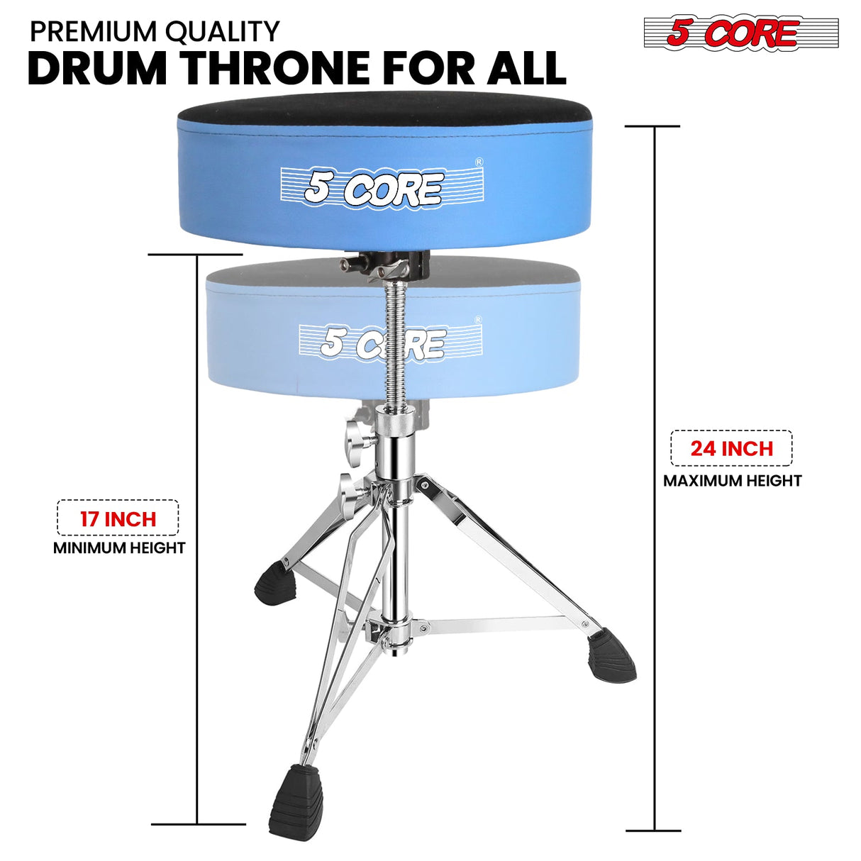 5Core Drum Throne Padded Guitar Stool Swivel Adjustable Drummer Seat Music Chair BLUE VELVET