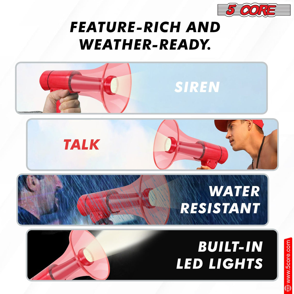 5Core Megaphone Bullhorn Speaker w Siren LED Light Adjustable Volume Bull Horn RED