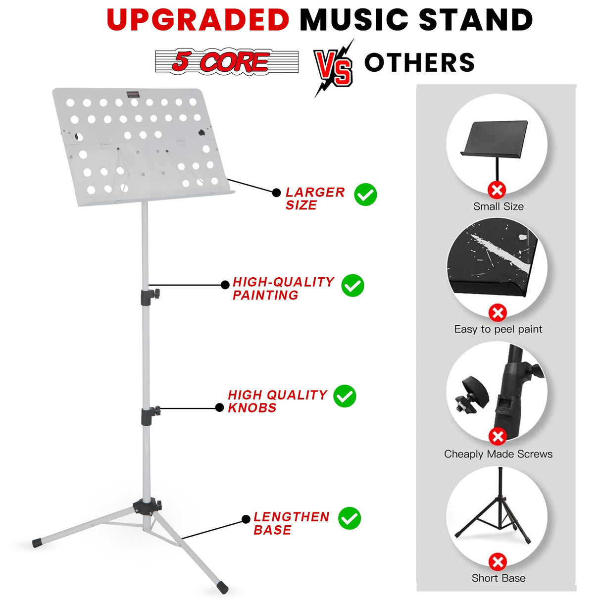 5Core Music Stand For Sheet Music Portable Tripod Adjustable Folding Note Holder White