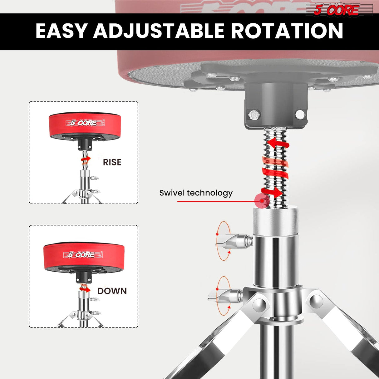 5Core Drum Throne Padded Guitar Stool Swivel Adjustable Drummer Seat Music Chair RED VELVET