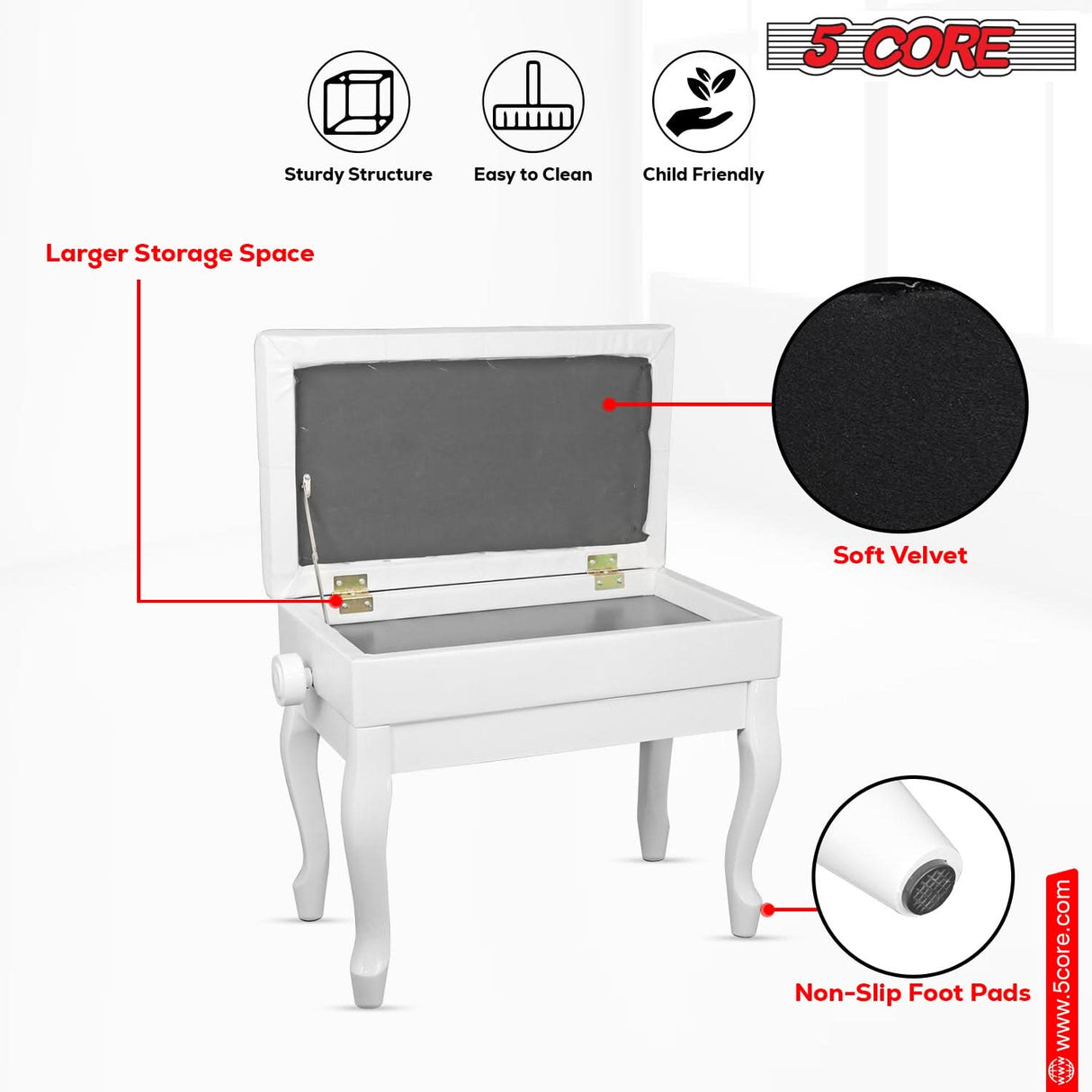 5 Core Piano Bench Wooden Height Adjustable Stool Heavy Duty Keyboard Seat with Storage WHITE