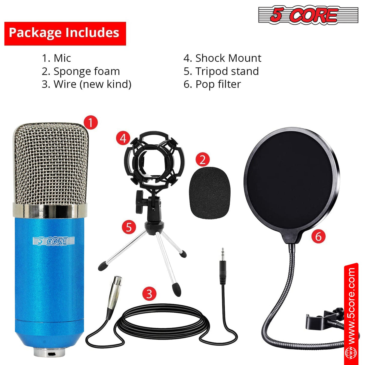 5Core Recording Microphone Podcast Bundle Professional Condenser Cardioid Mic Kit w Desk Stand BLUE