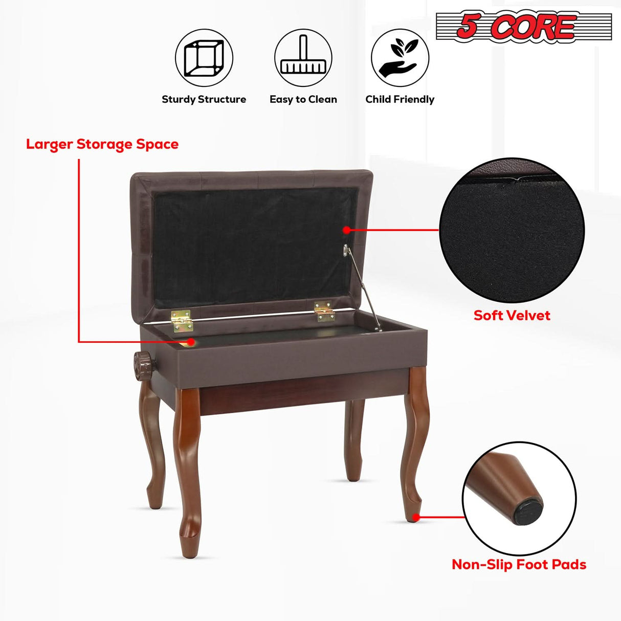 5 Core Piano Bench Wooden Height Adjustable Stool Heavy Duty Keyboard Seat with Storage BROWN