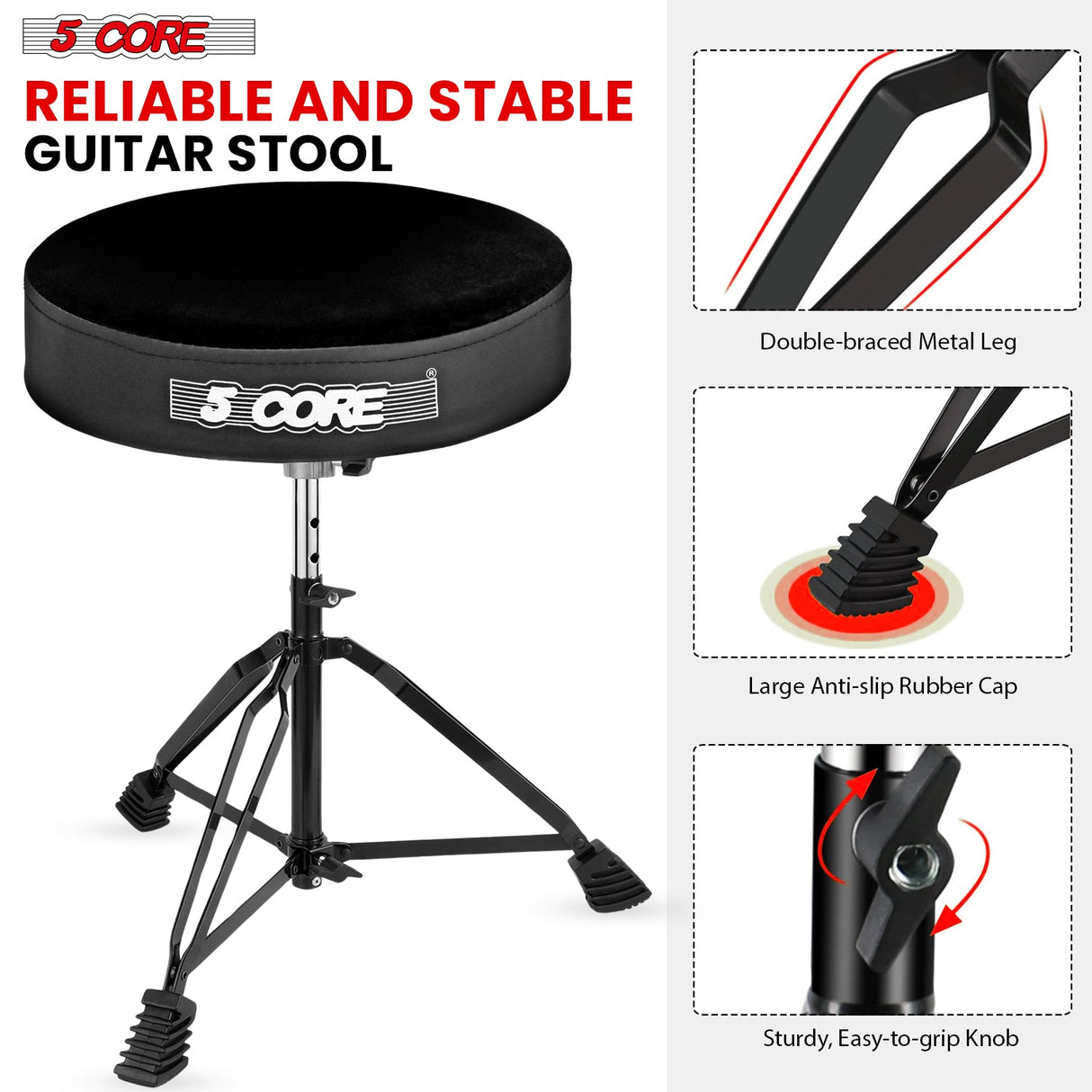 5Core Drum Throne Padded Guitar Stool Adjustable Drummer Seat for Adults & Kids VELVET BLACK