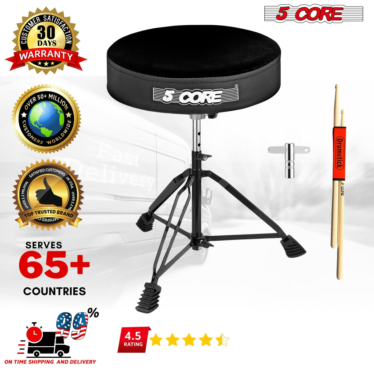 5Core Drum Throne Padded Guitar Stool Adjustable Drummer Seat for Adults & Kids VELVET BLACK