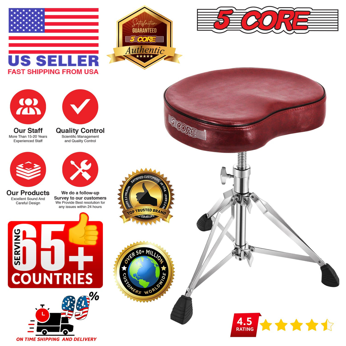 5Core Drum Throne Padded Guitar Stool Saddle Drummer Seat for Adults & Kids