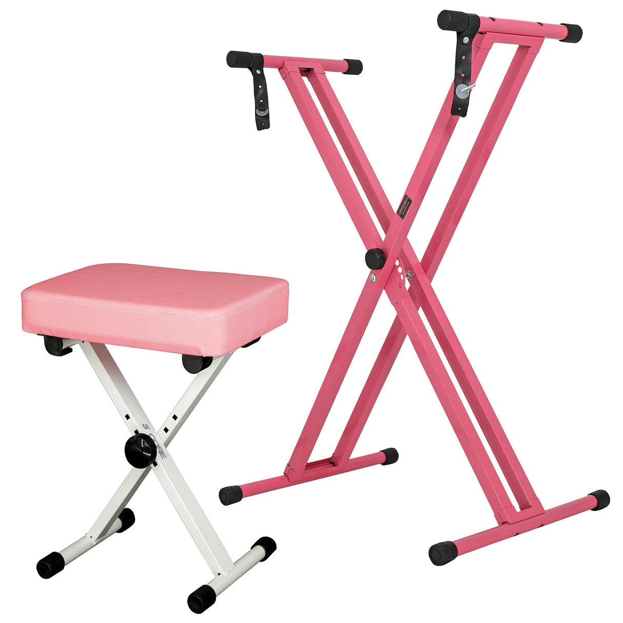 5Core Keyboard Stand Double X Style Adjustable Piano Riser + Keyboard Piano Bench PINK