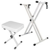 5Core Keyboard Stand Double X Style Adjustable Piano Riser + Keyboard Piano Bench WHITE