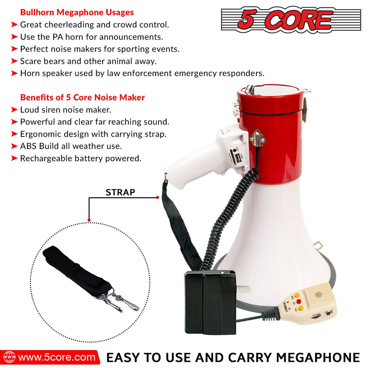 The small bullhorn is a great voice amplifier. It has siren and rechargeable bullhorn features.