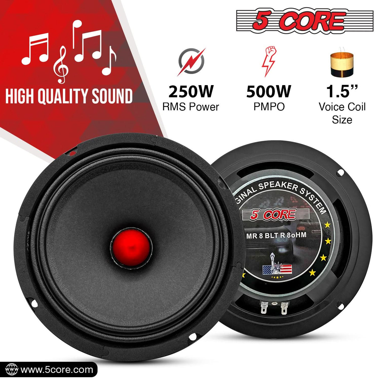 5Core 8 Inch Midrange Door Speaker 580W PMPO Subwoofer w Aluminum Bullet 8O Sub Woofer