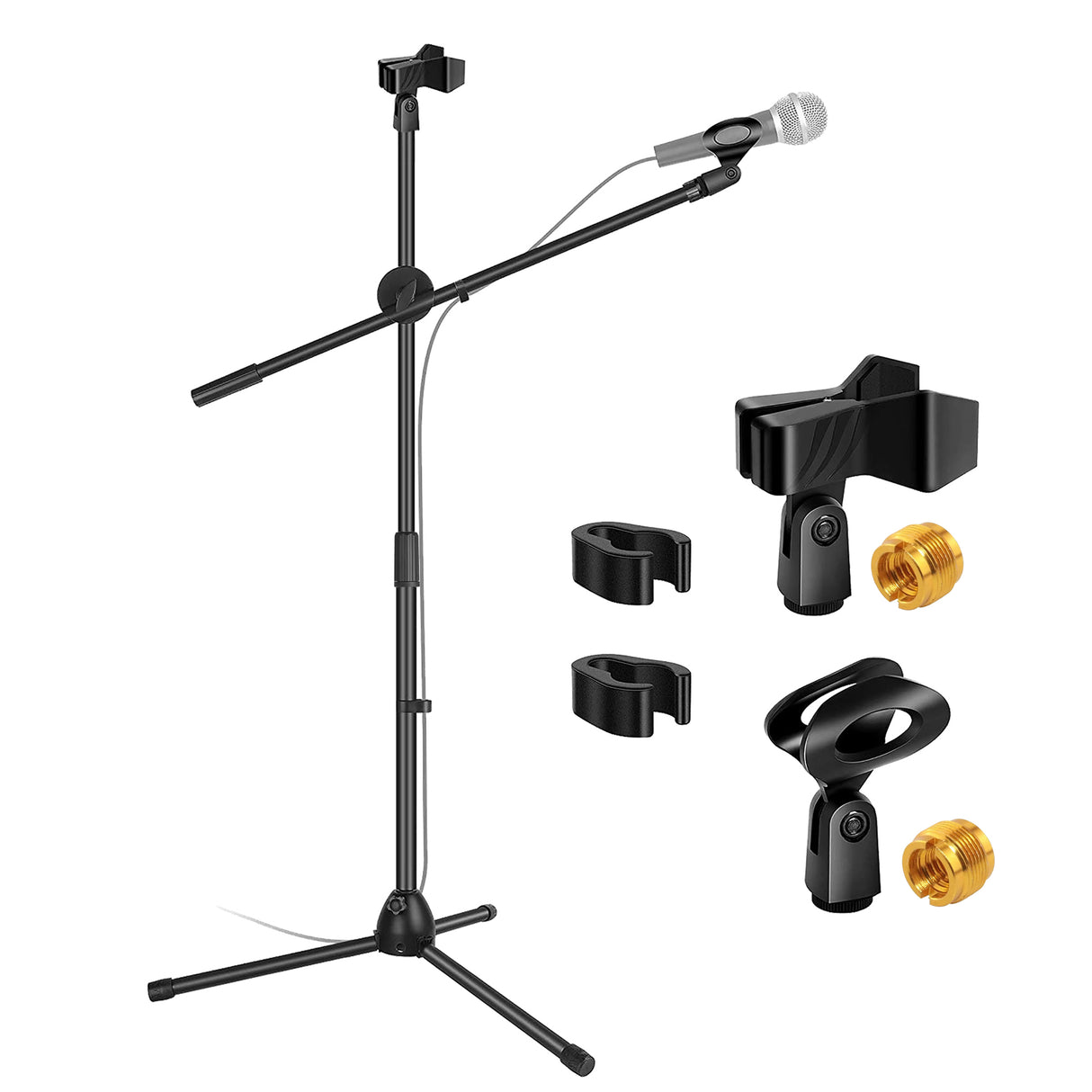 5 Core Dual Microphone Stand, Foldable Tripod Boom Stand On-Stage Stands Short Adjustable Mic Stand For Singing 360 Rotating with Dual Mic Clip Holders Heavy Duty MS DBL S