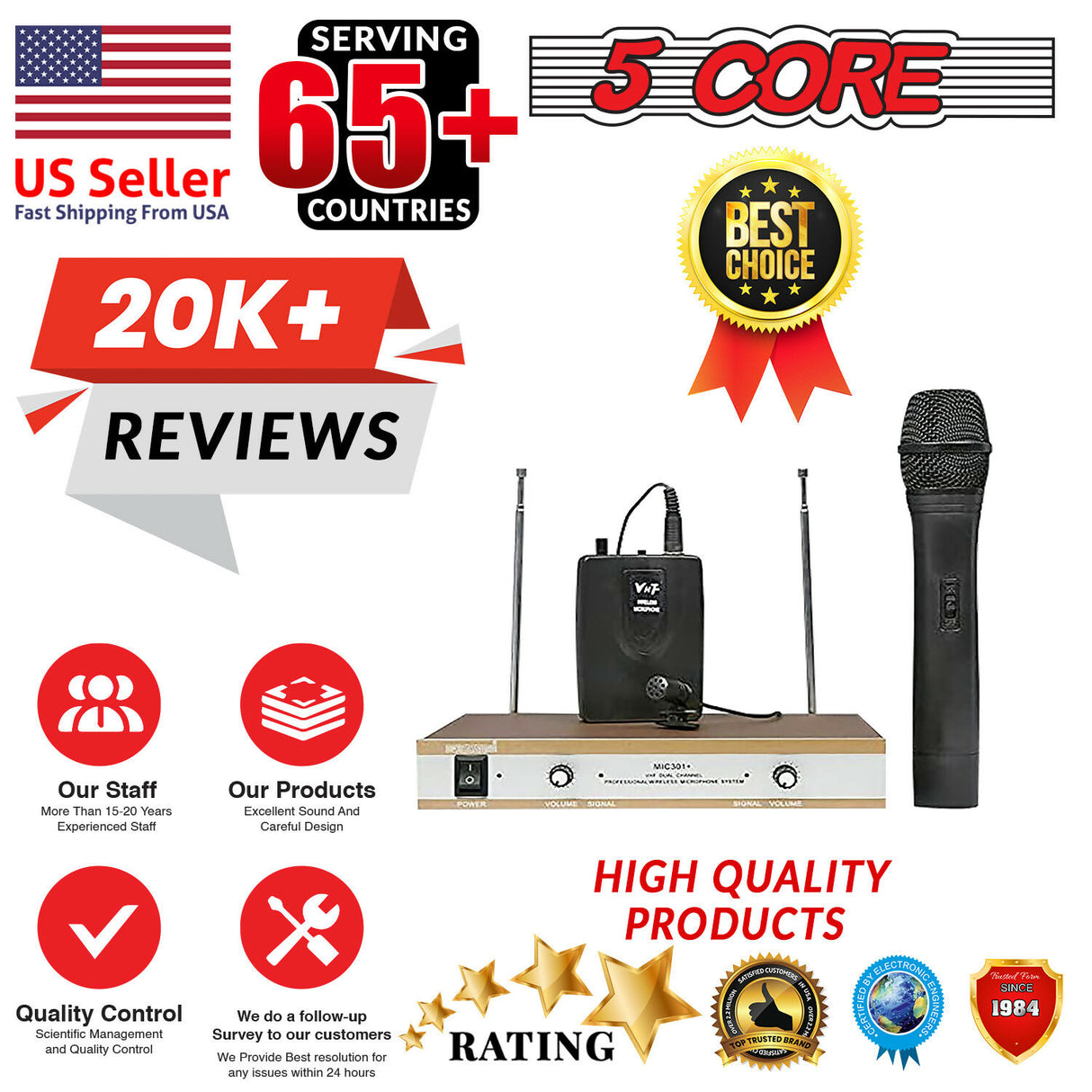 5 Core Wireless Microphones w 1 VHF Dynamic Unidirectional Handheld Microfono Inalambrico & 1 Collar Mic with Receiver