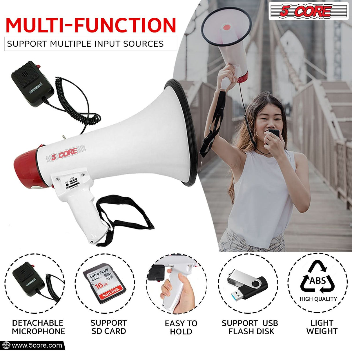 Versatile bullhorn megaphone with multiple functions, including volume control, siren, and long-range projection.