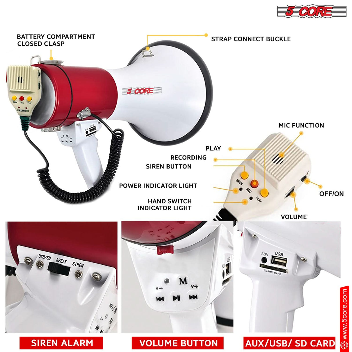 Multipurpose bullhorn with mic, siren, recording, volume control, AUX/USB/SD card support, and strap buckle.