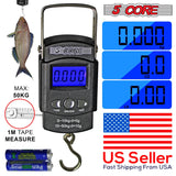 5Core Digital Fishing Scale 110lb/50kg Hanging Luggage Weighing Scales w Measuring Tape