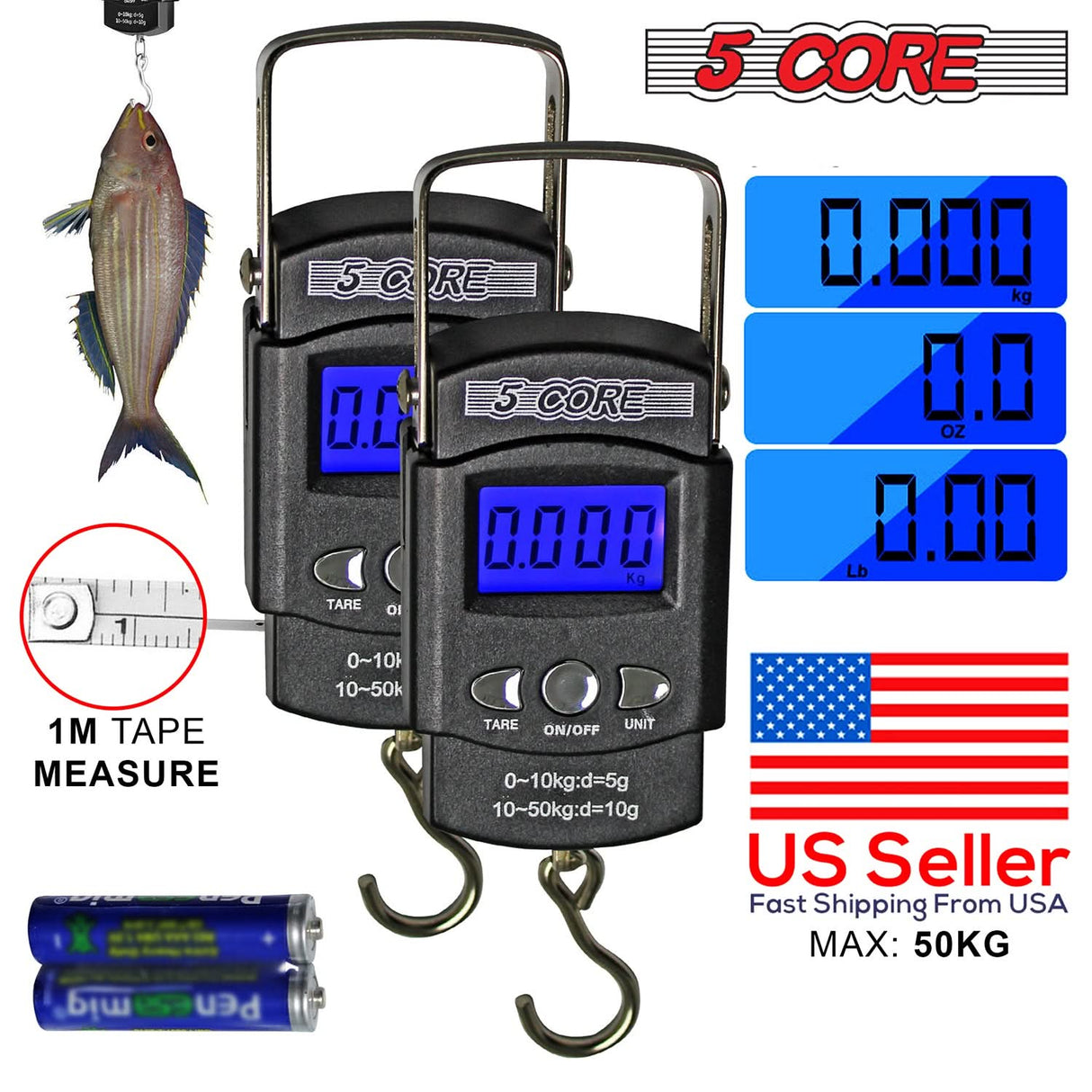 5Core Digital Fishing Scale 110lb/50kg Hanging Luggage Weighing Scales w Measuring Tape