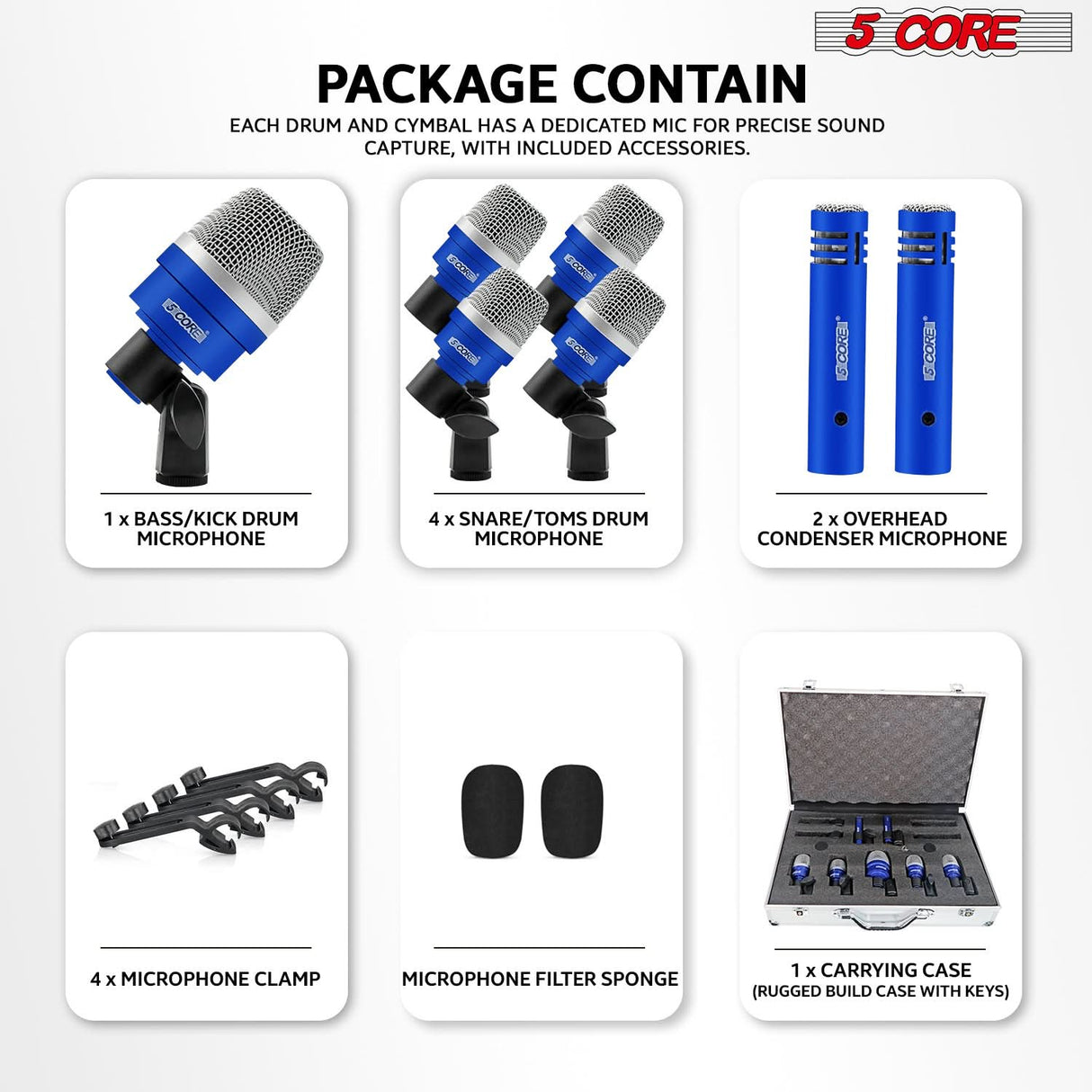 Drum microphone kit package contains all necessary components for professional sound capture.