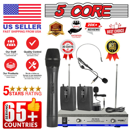 5 Core Wireless Microphones w 1 Headset 1 Collar Mic with Receiver Microfono Inalambrico 165ft Range