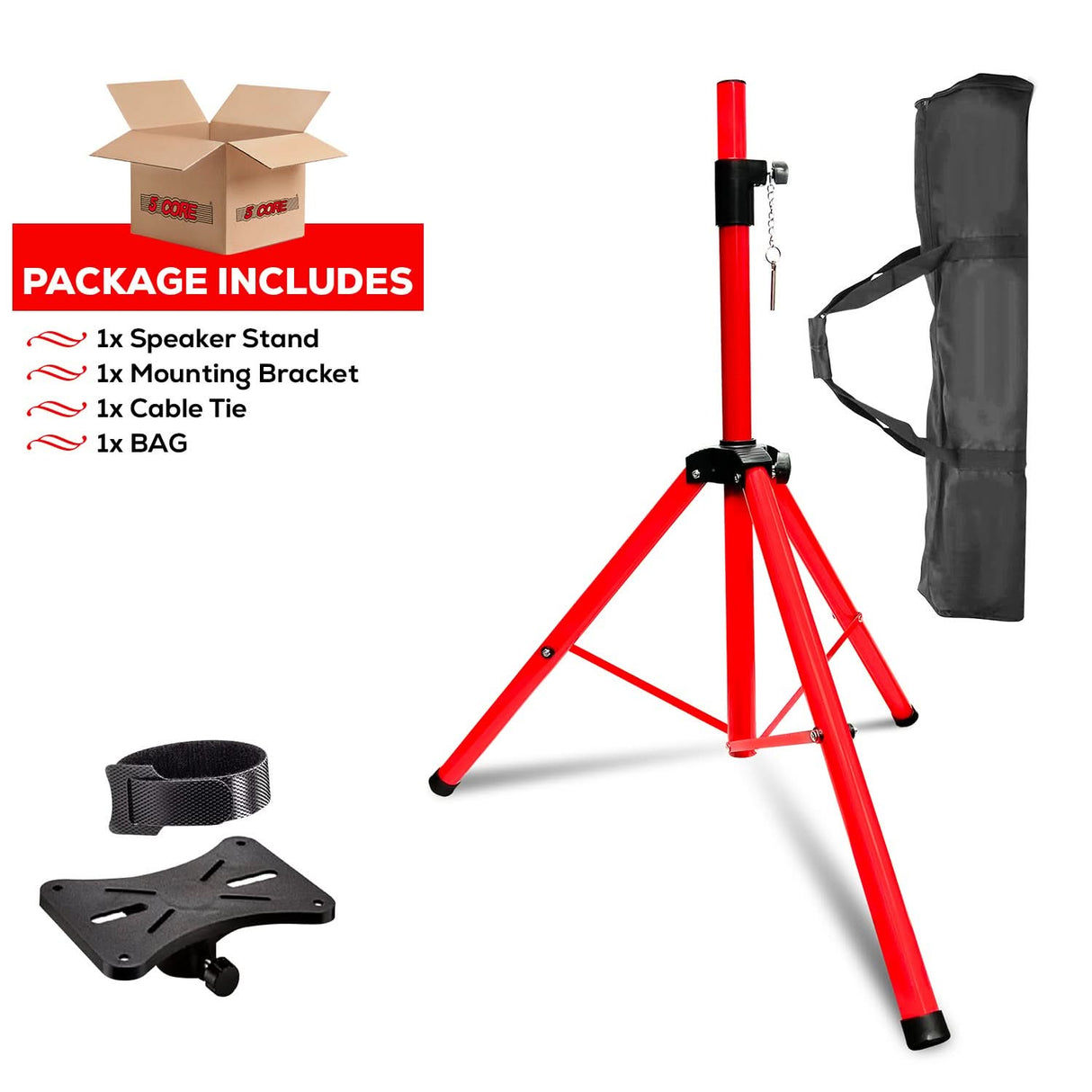 5Core Speaker Stand Tripod Tall Adjustable 72 Inch DJ Pole Mount Studio Monitor Stands RED