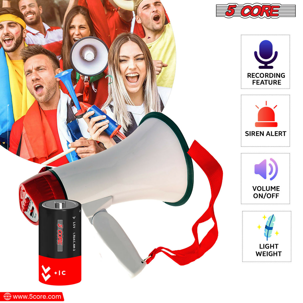 5 Core Portable Megaphone Speaker Battery Power 30W Bullhorn w Siren • Volume Adjustable Mega Phone