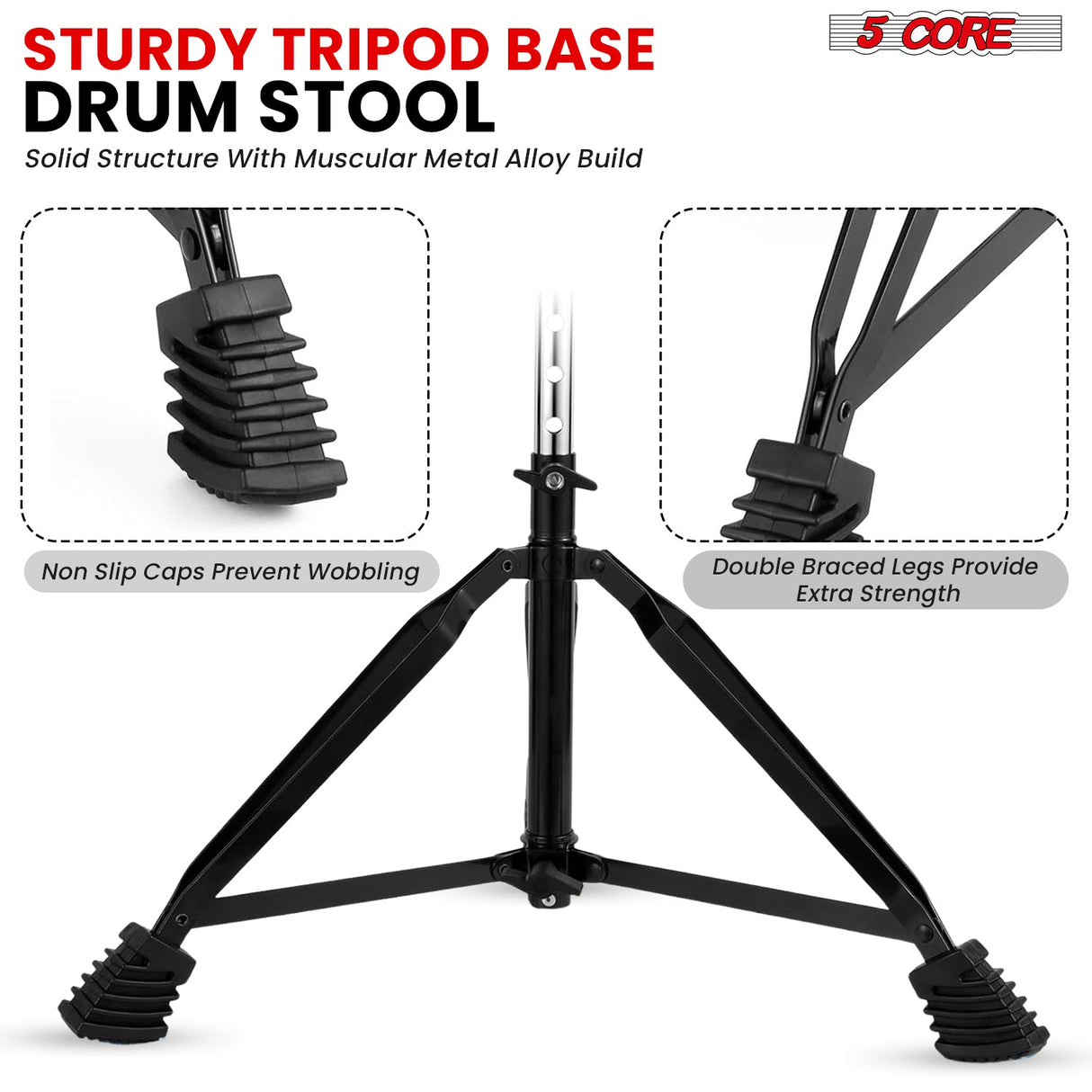 Drum throne with a sturdy tripod base, reinforced metal legs, and non-slip rubber feet for maximum stability.