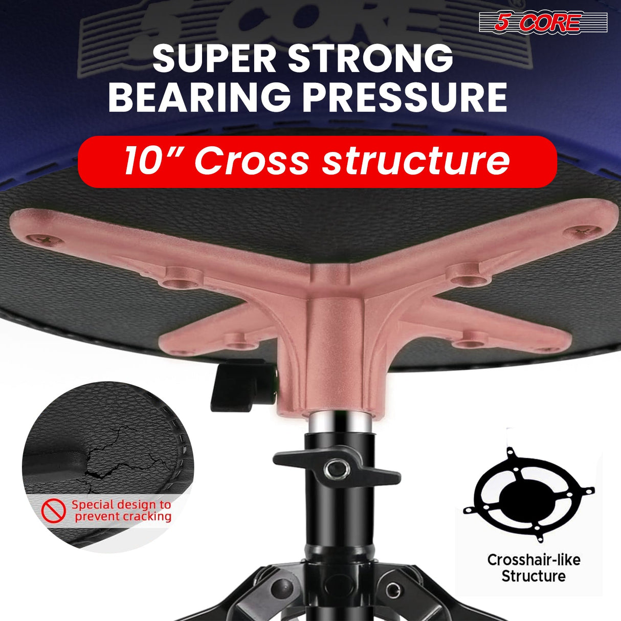 Professional drum throne with a super stable cross-hair like structure, double-braced legs, and a cushioned seat for comfort.