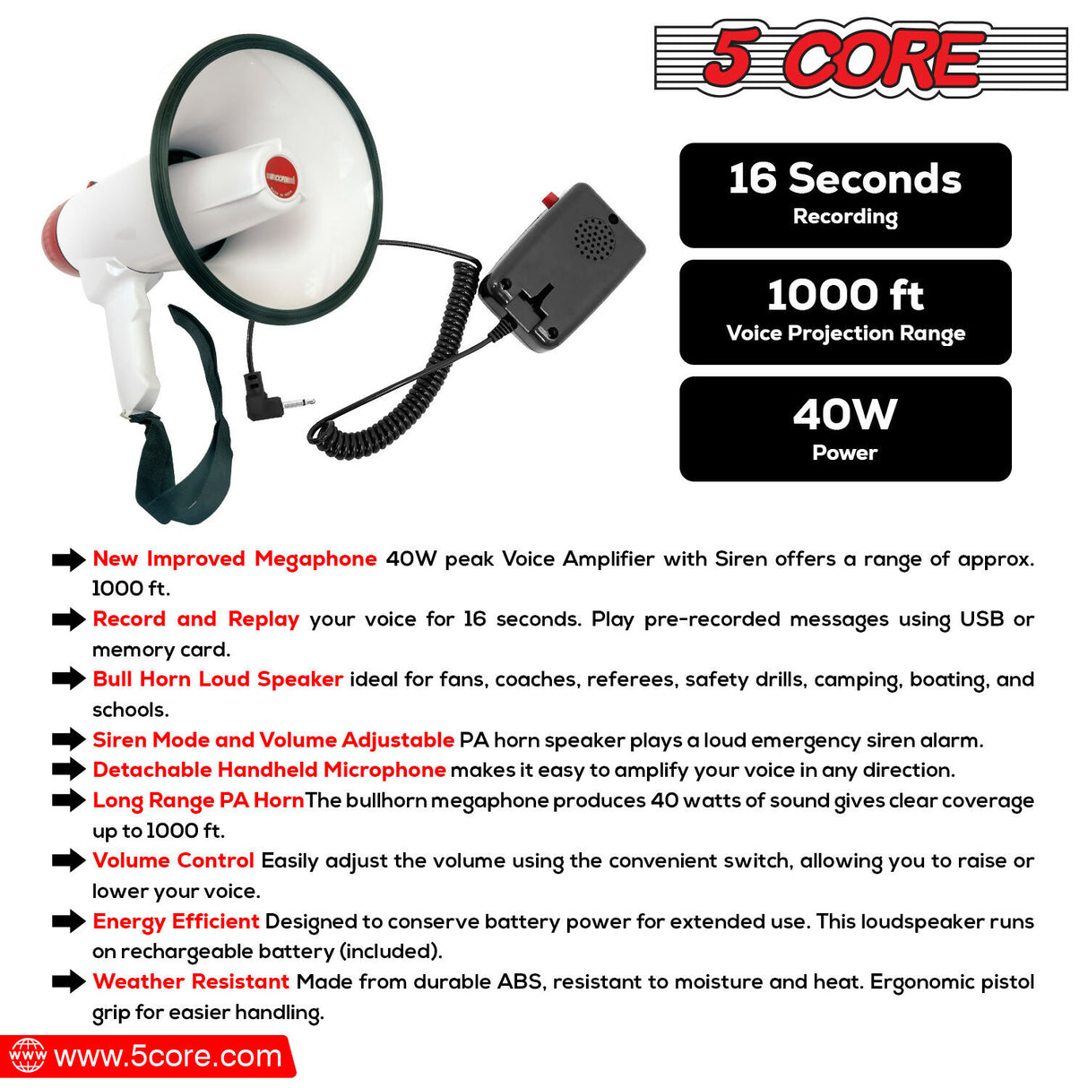 5 Core Portable Megaphone Speaker Rechargeable 40W Bullhorn w Siren • Volume Adjustable Mega Phone