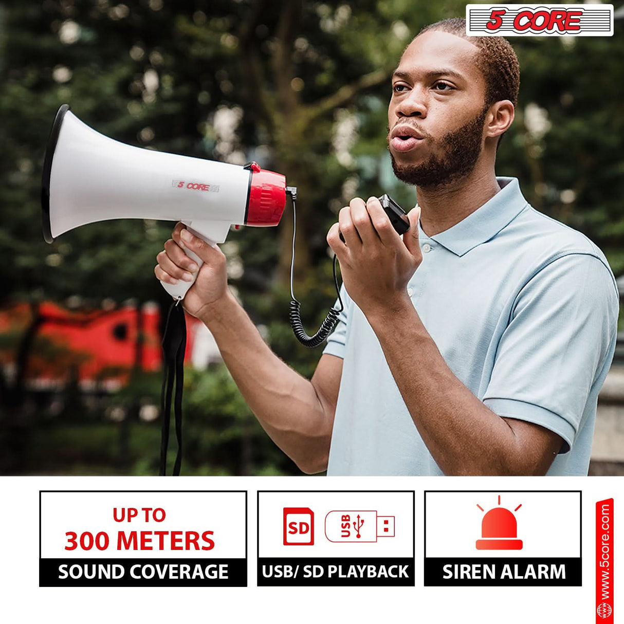Bullhorn with powerful sound, Bluetooth, USB/SD input, siren, 60-sec recording, and durable build.