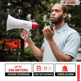 Bullhorn with powerful sound, Bluetooth, USB/SD input, siren, 60-sec recording, and durable build.