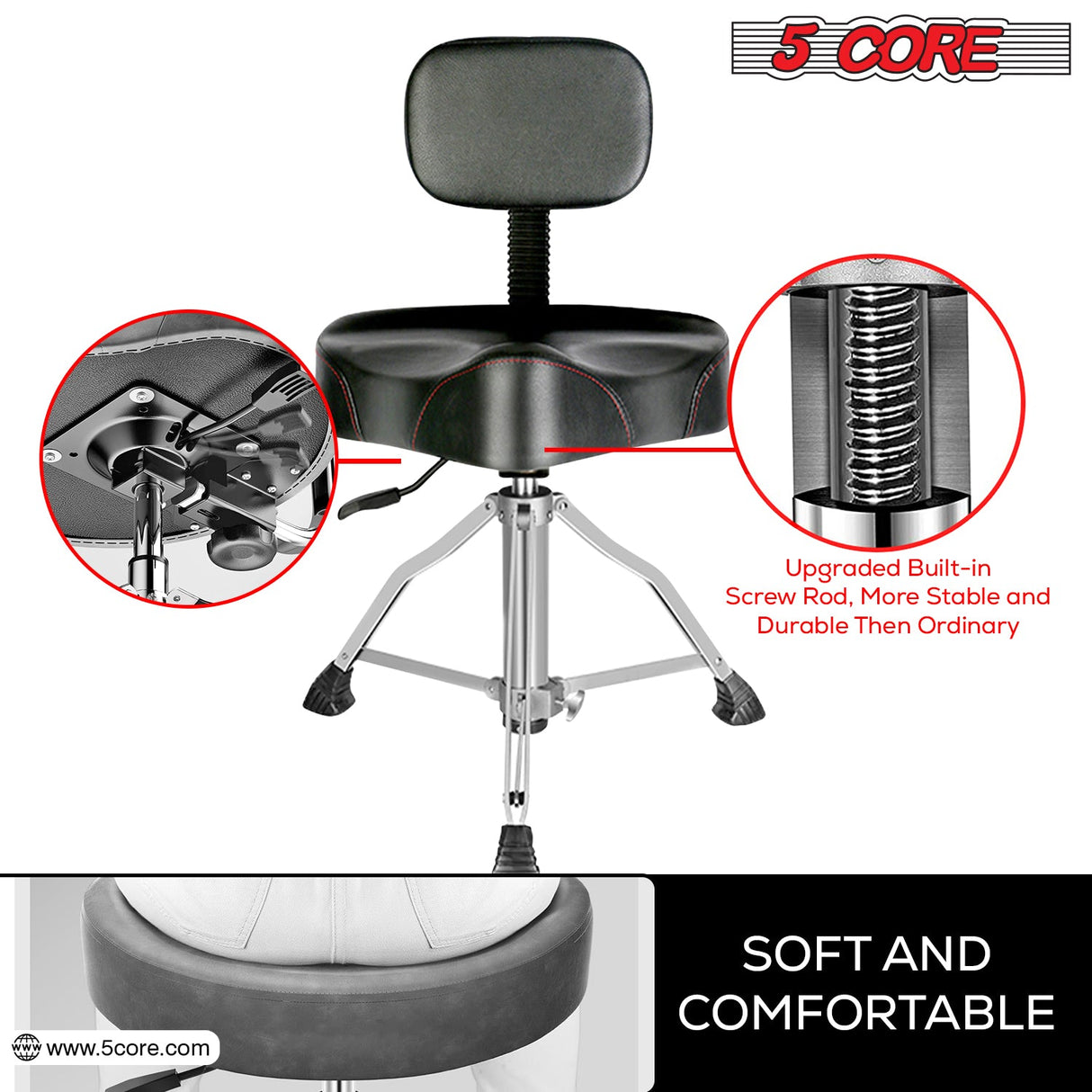 Strong and comfortable drum stool designed for stability and long playing sessions, perfect for use with drum sets.