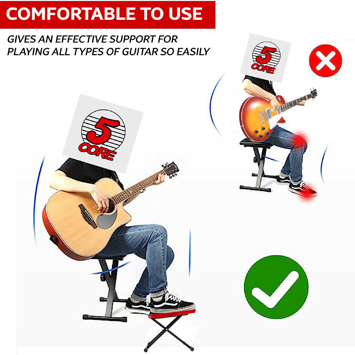 5 Core Guitar Foot Rest Stand 6 Level Adjustable Leg Footrest Sool Rubber Pad Stable 1/2 Pc Red