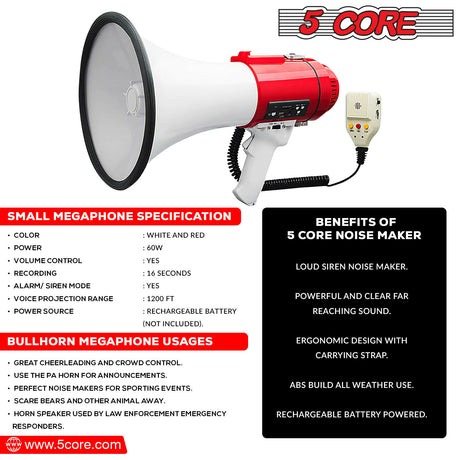 5 Core Megaphone Bullhorn Speaker 60W Bull Horn Battery Power Cheer Megafono 1200ft Range Loudspeaker