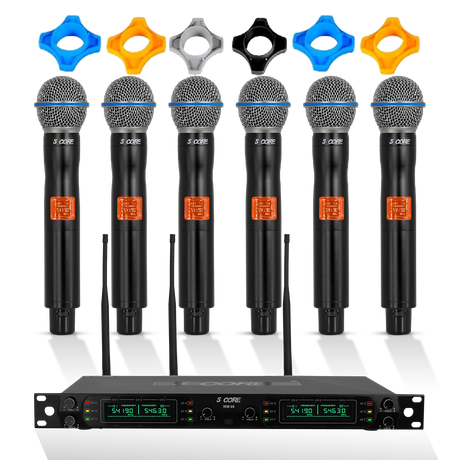 5 Core Wireless Microphone System 6 Channel UHF Portable Receiver w 6 Cordless Dynamic Mic 492F Range