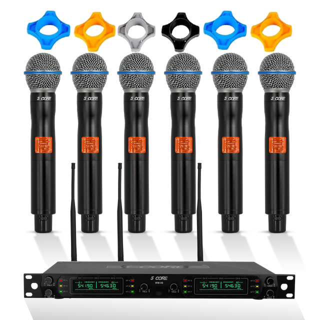 5 Core Wireless Microphone System 6 Channel UHF Portable Receiver w 6 Cordless Dynamic Mic 492F Range