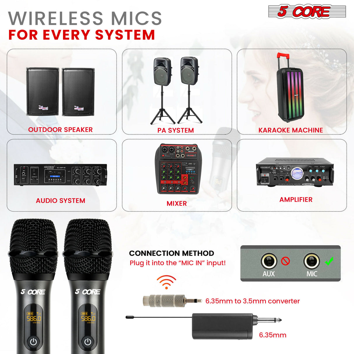 5 Core UHF Wireless Microphone 210FT Max Range Karaoke DynamicMicrofono Inalambrico Cardioid