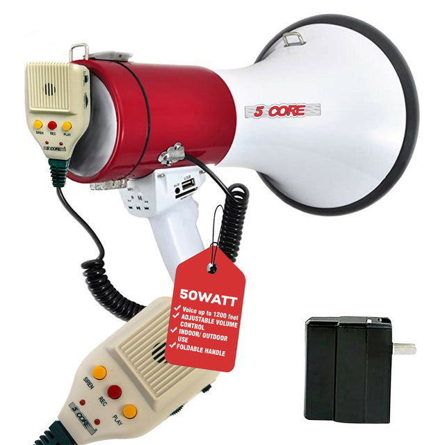 Boost your voice with this powerful megaphone. It has a built-in siren speaker and a rechargeable bullhorn.