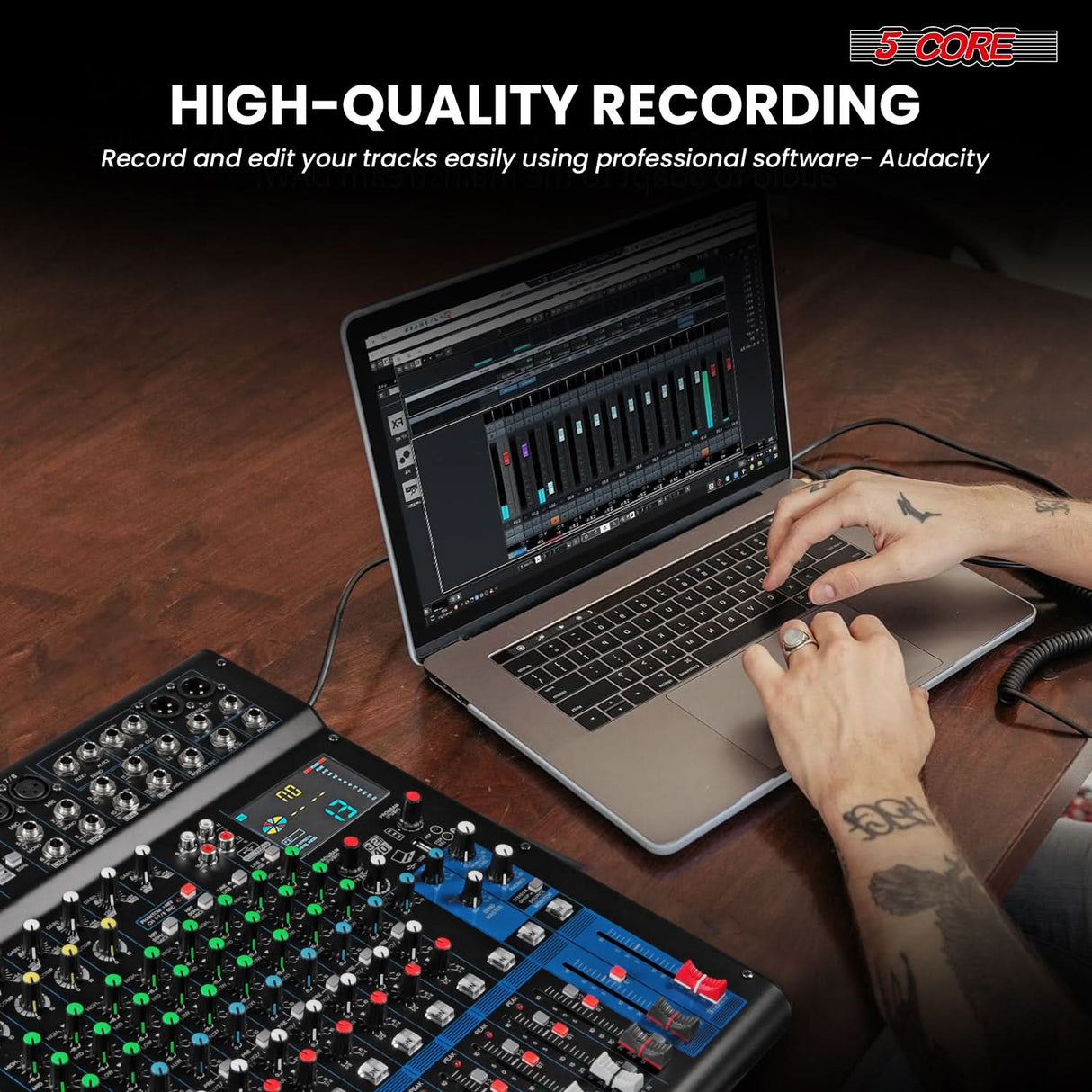 Audio mixer for PC with multiple channels, USB connectivity, and versatile controls for professional sound mixing